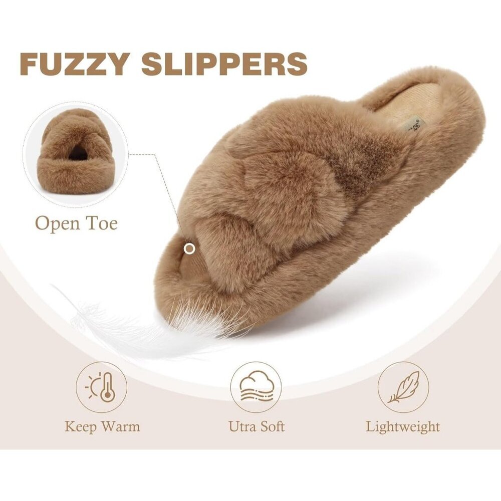 Women's Open Toe Slide Faux Fur Fuzzy Fluff Brown House Slippers Shoes - Picture 2 of 9